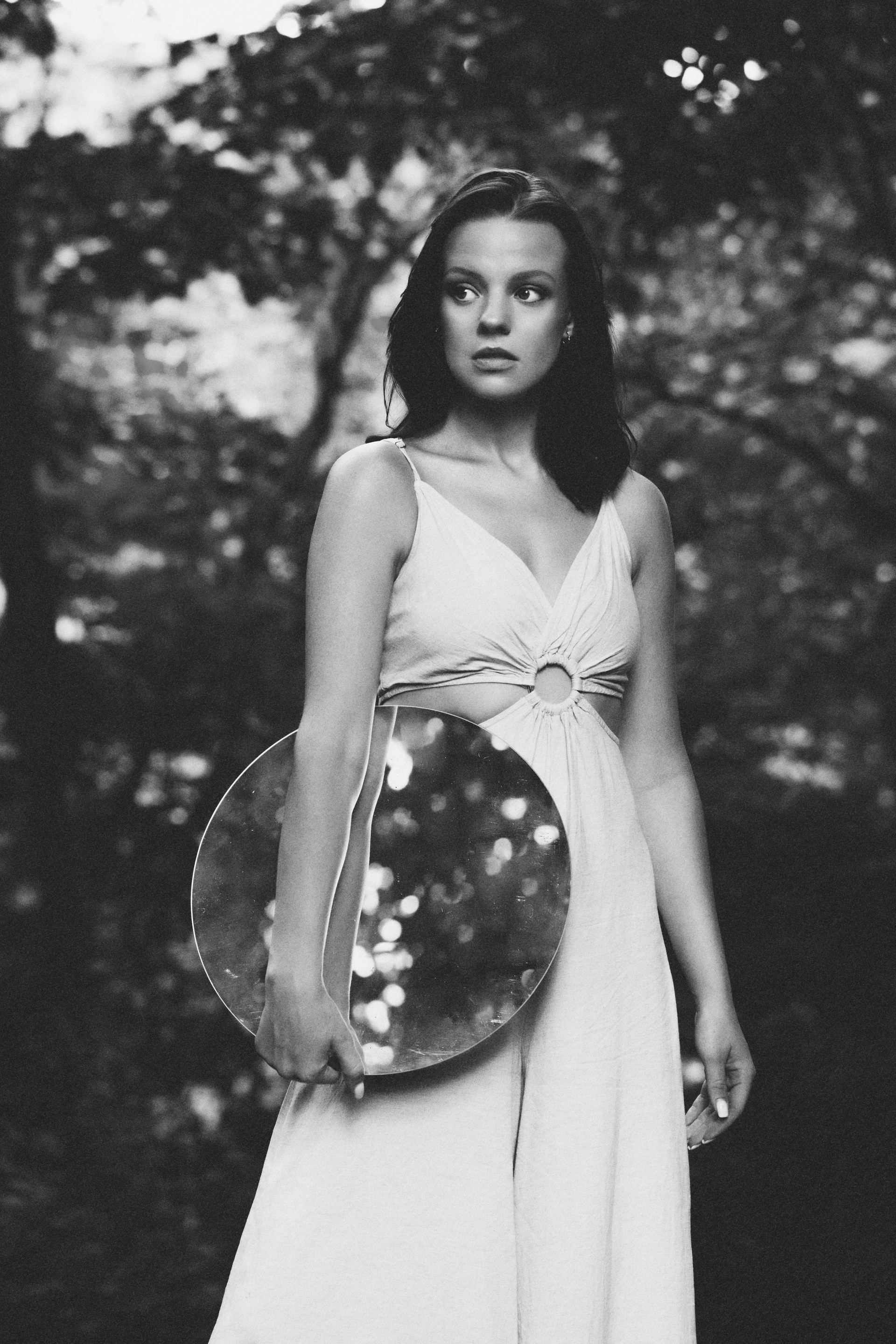 Mystical Forest Woman Portrait with Mirror Glass Sphere