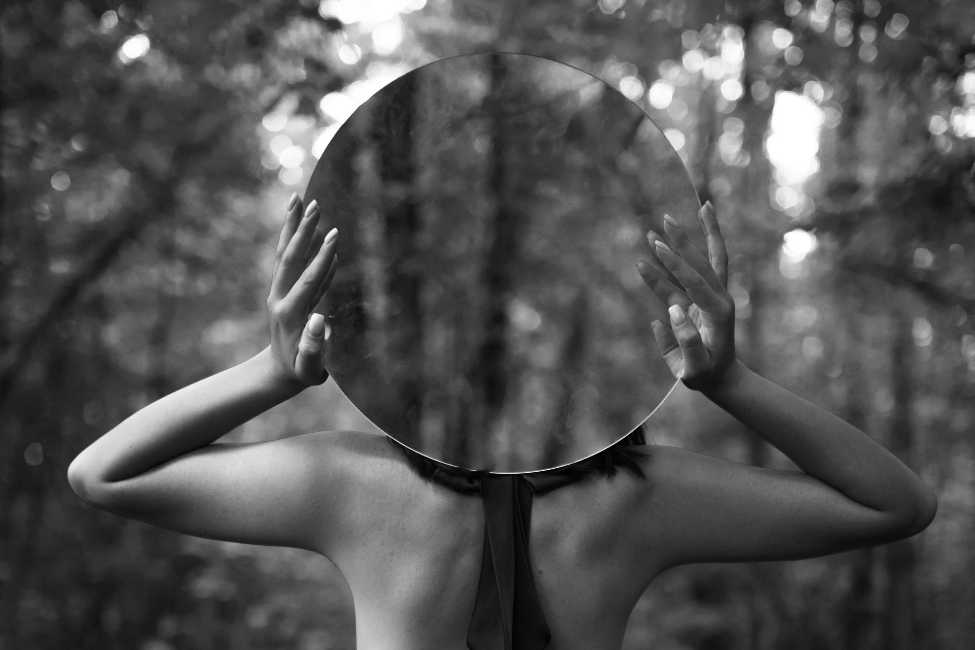 Mystic Woman with Round Mirror Portrait in Forest
